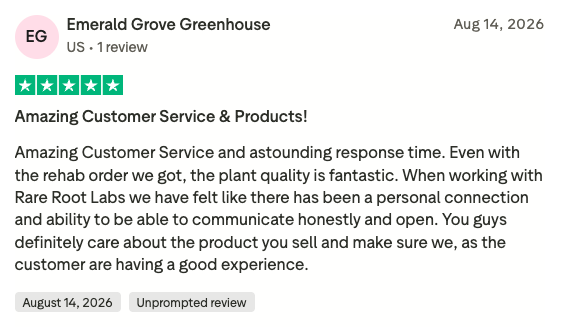 Trustpilot review screenshot from Emerald Grove Greenhouse